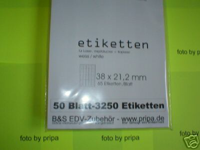3250 Etiketten 38x21,2mm - 50 A4-Bögen Laser/Tinte/Copy selbstklebend 70g/m²