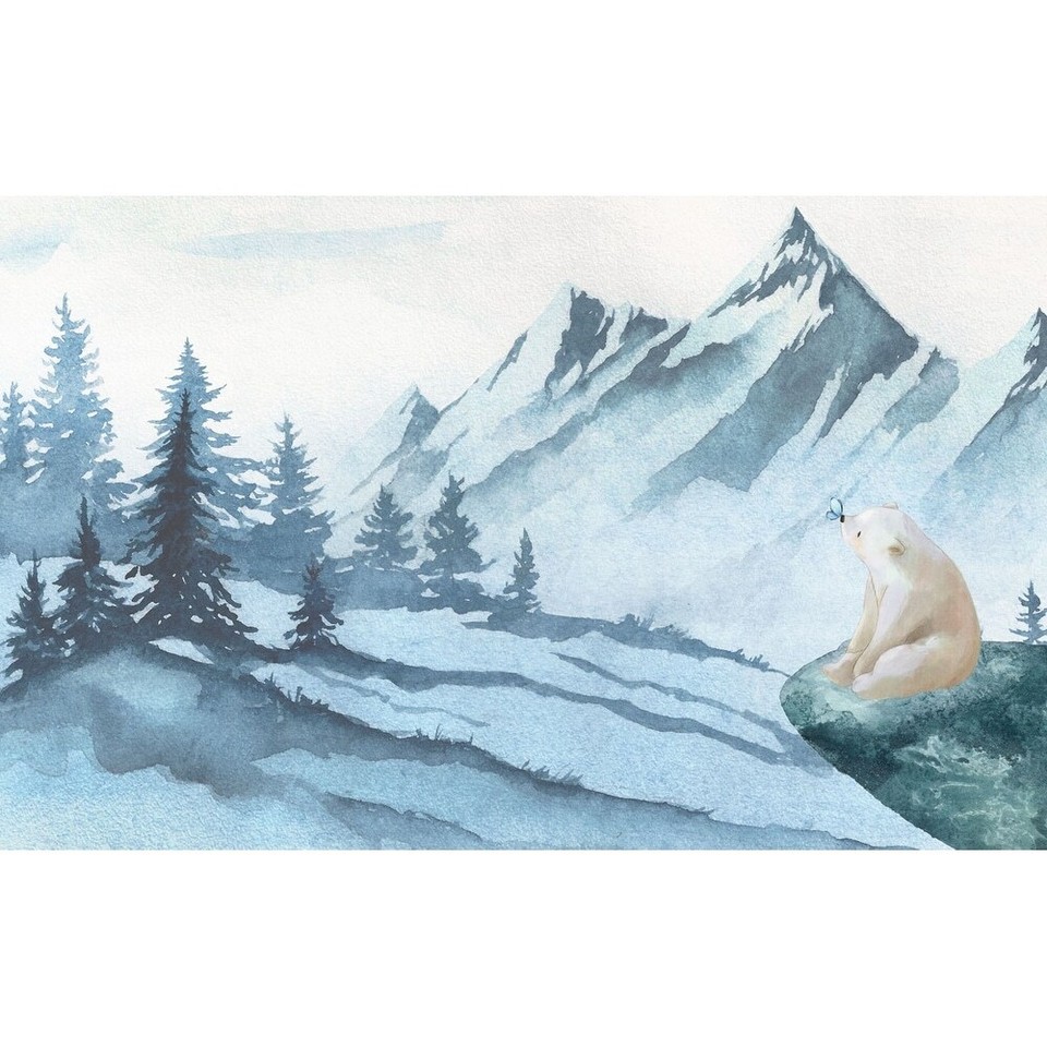 Winter Landscape Cartoon Bear Removable Wallpaper Blue H106" x W187