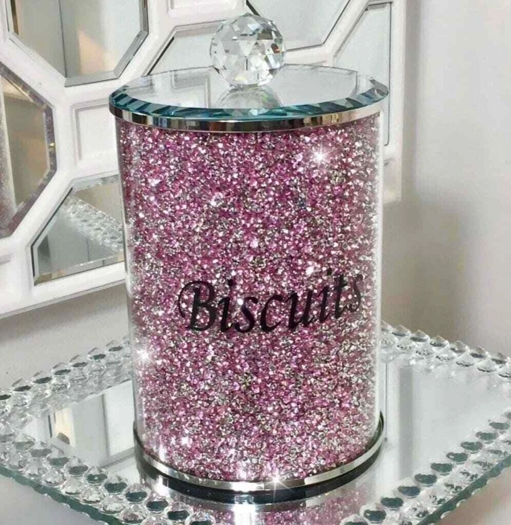 PINK Diamond Crushed Biscuit Canister Jar Tin Kitchen Storage Trimmings