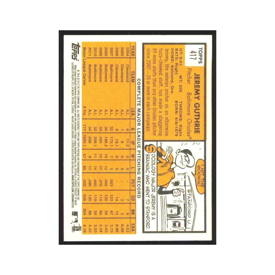 Бейсбольная карточка Джереми Гатри 2012 Topps Heritage #417 Baltimore Orioles почти как новая - Изображение 2 из 3