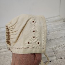 Vintage Embroidered Baby Doll Bonnet Antique Style Hat with Pearl Button Cream