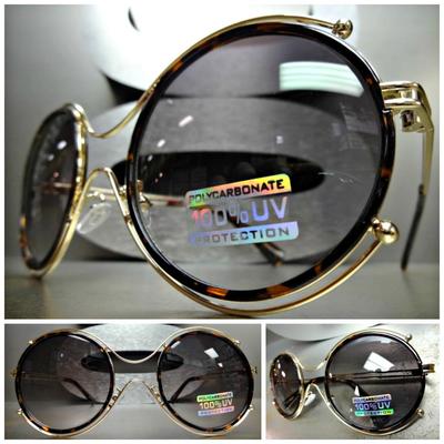 OVERSIZED VINTAGE RETRO Style SUN GLASSES Large Big Round Gold & Tortoise Frame