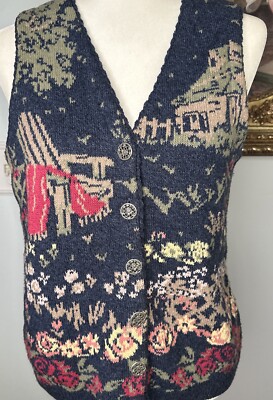 VTG Sweater Vest Knit Cottage Core Small Blue Floral Northern Reflections Cotton