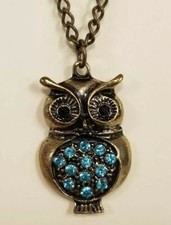 Cute Bronze tone and Blue Rhinestone Owl on 17" Necklace