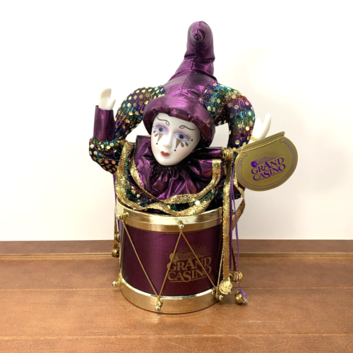 Grand Casino Mardi Gras Porcelain Joker Music Box Purple Doll & Drum Jester - Picture 1 of 7