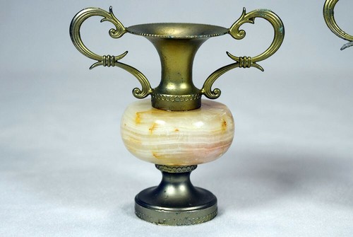 Set of 2 Vintage Small Ornate Brass Onyx Marble Stone Candle Holders Vases Urns - Picture 6 of 12