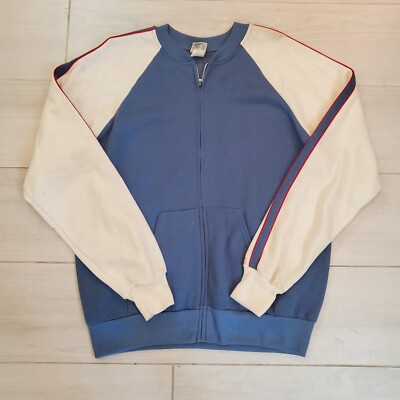 VTG Bassett Walker Blue Raglan Track Warmup Jacket USA Mens Large Band Neck