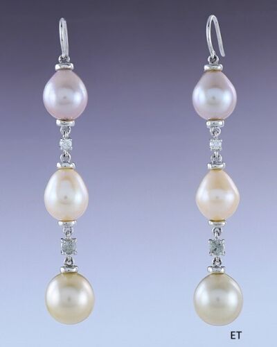 Beautiful Pair 18k White Gold Diamond Sapphire & Pearl Dangle Earrings