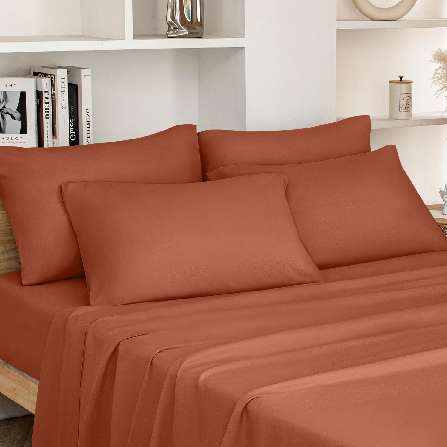 Queen Size Terracotta Bed Sheets - 6 Piece Set (Burnt Orange) - Extra Soft Brush