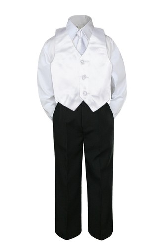 4pc Boy Baby Toddler Kid Suit Set Color Necktie Vest Formal BLACK Pants S-8 - Picture 4 of 26
