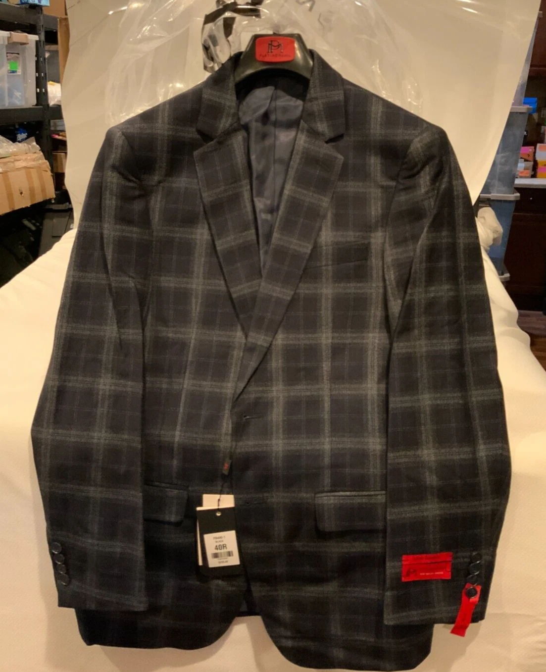 Platinomann Men's Slim Fit Plaid Blazer Jacket, Style# PB440-1, Size 40R, Black