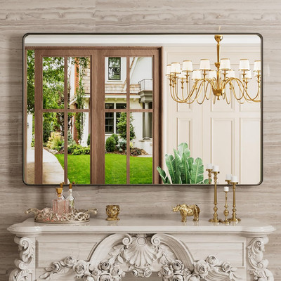 48x30 Inch Black Metal Framed Bathroom Mirror, Rounded Rectangle, Anti-Rust