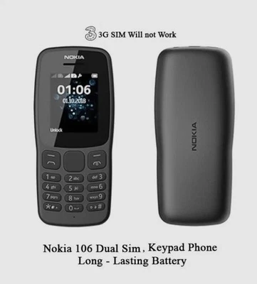 Nokia 106 Dual Sim 4G Brand New Black Unlocked + £10 EE Top-Up Big Buttons UK