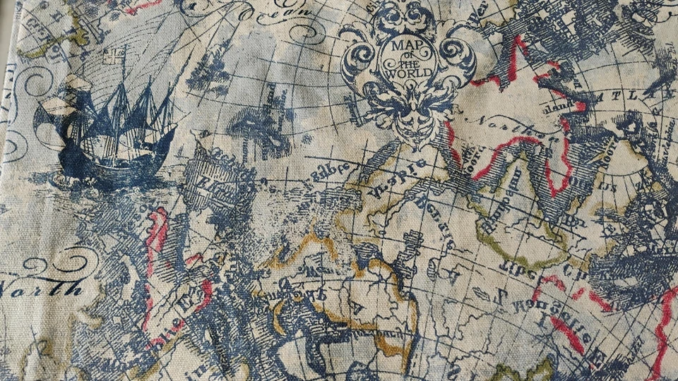 Handmade Linen Curtain Panels 50 x 65" (2) World Map Beige Blue Study EUC - Image 3 of 4