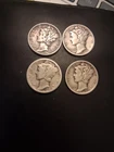 Lot of 4 Mercury Silver Dimes 1937-D  1942, 1943-S  1944-S 90% Silver VF VG F