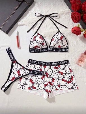 Sanrio Hello Kitty Black White & Red Stretchy Bra, Thong, &Boxer Set 3pc Pajamas