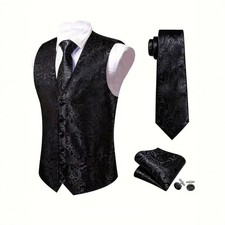 Mens Black Paisley Vest Tie Pocket Square Cufflinks Set Asian S-2XL