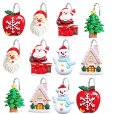 12-Pack Christmas Resin Shower Curtain Hooks Holiday Santa Snowman Tree House...