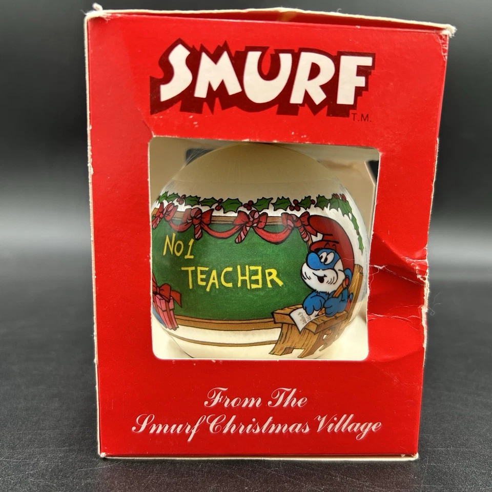 Pitufo 1982 adorno de Navidad Nº 1 bola de satén para profesor Wallace Berrie con caja Foto 4 de 4