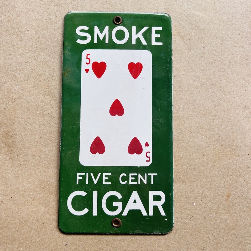 Five Cent Cigar 5 of Hearts Green Door Sign Porcelain Enamel 4" x 8" inch