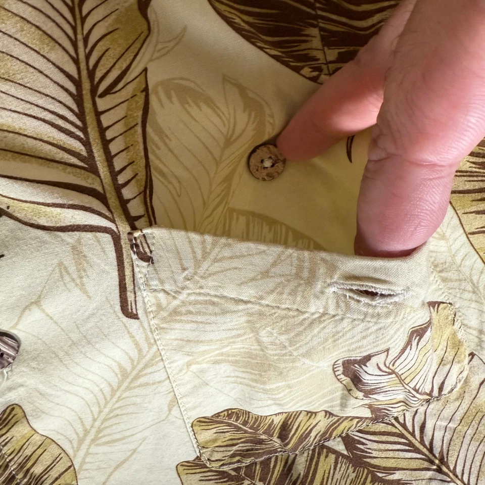 Joe Marlin Mens Medium Hawaiian Shirt Beige Rayon Tropical Leaf Print Button Up - Image 3 of 4