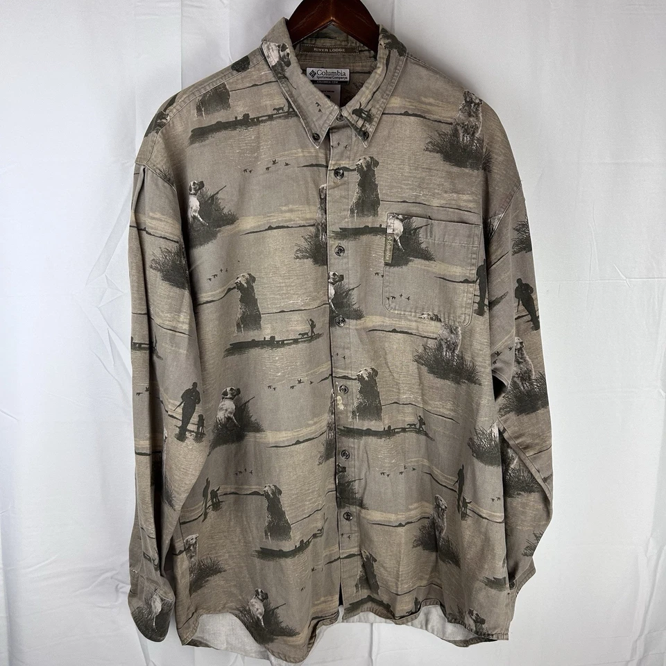 Columbia River Lodge Duck Hunting Long Sleeve Button Shirt Camo Beige Dog Sz XL - Image 2 of 4