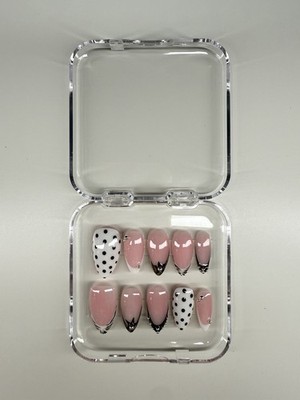 Press-On Nails Pink/White/Black French Tip Polka Dot Oval Short Full Cover Set