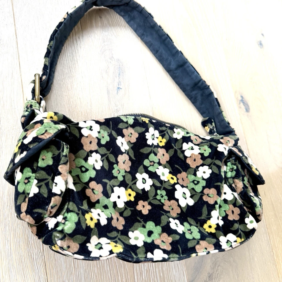 Vintage GAP Hobo Purse Velvet Cargo Shoulder Small Bag Black Green Floral Y2K - Image 4 of 4