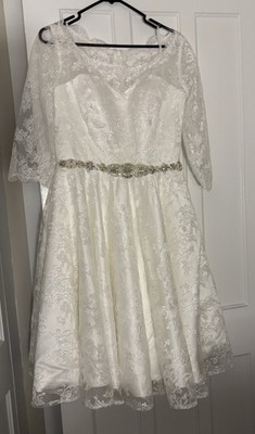 June Bridals Tea Length Lace 3/4 Sleeve Wedding Dress Size 12