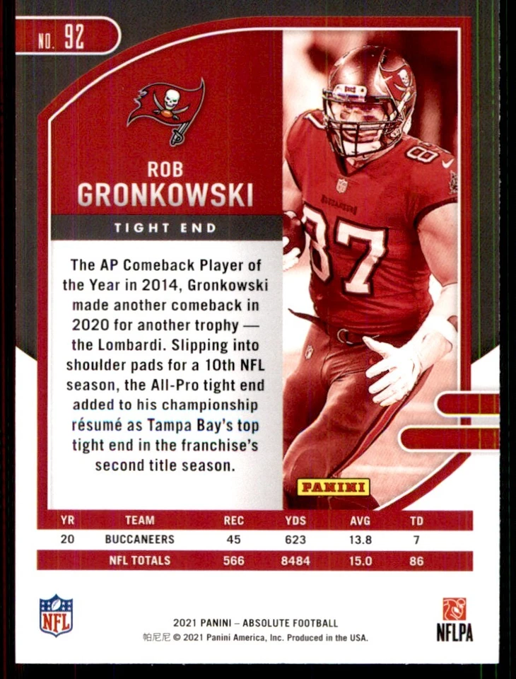 2021 Panini Absolute Rob Gronkowski Tampa Bay Buccaneers #92 - Image 2 of 2