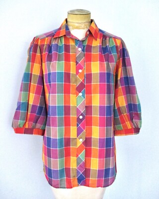 Vtg 80s 90s JCPenney Multi-Color Check Long Tunic Blouse Top 3/4 Puff  Sleeves 16 | eBay