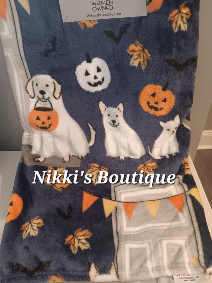 Deborah Connolly Wags and Whiskers Ghost Dogs Pumpkins Halloween Throw  Blanket