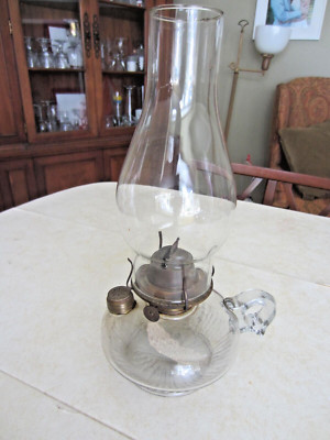 Vtg Eagle Oil Lamp pressed Star Burst Pattern glass & Handle w Wick & Chimney