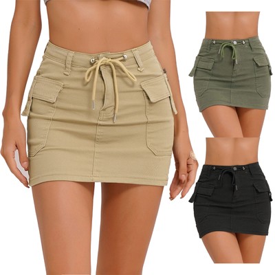 Women's Casual Cargo Skirts Drawstring Pocket Slim Fit Dress Bottoms Demin Skirt