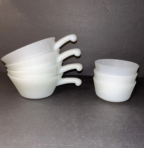 Anchor Hocking Fire-King Milk Glass Lot 4 Handled Soup/Chili Bowls 3 Custard Cup