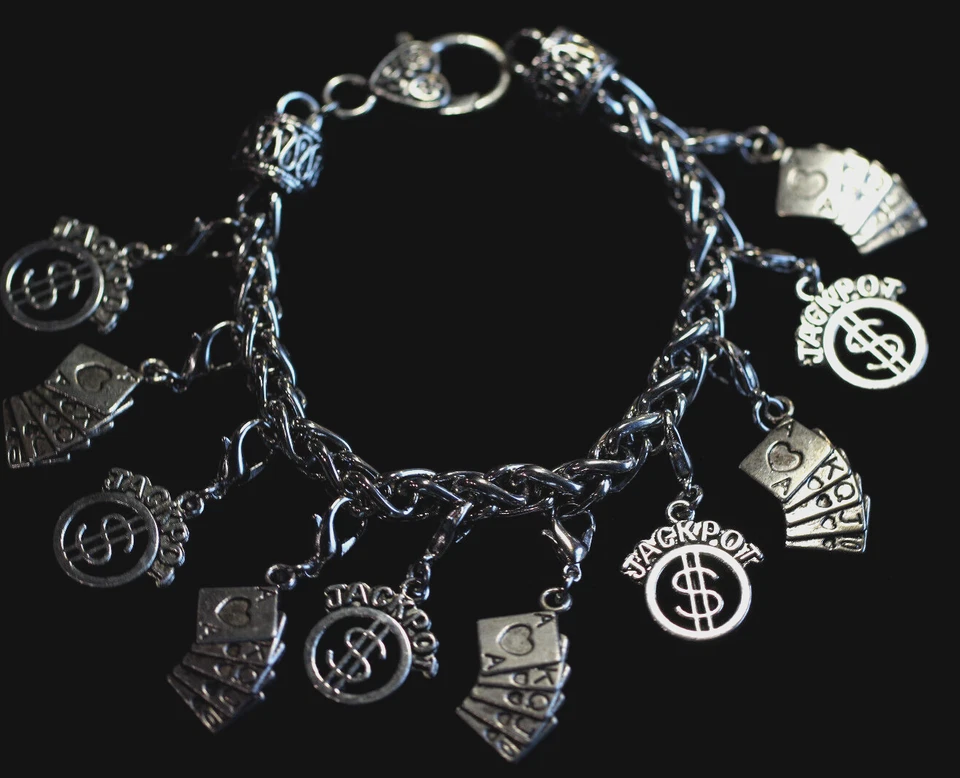Jackpot Royal Flush Charm Bracelet Silver Pewter Charms 8" Interchangeable Vegas - Image 3 of 4