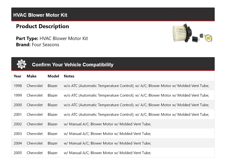 Kit de motor soplador de climatización para Chevrolet Blazer 1998-2005 4 estaciones 1999 2000 2001 Foto 2 de 3
