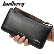 Men's Black Leather Wallet Zipper Long ID Card Holder Purse Clutch Wristband Bag