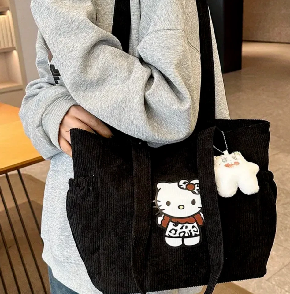 Bolso de Hombro Hello Kitty Estampado de Leopardo Negro Pana Mujer Bolso de Mano Cheetah KT Foto 4 de 4