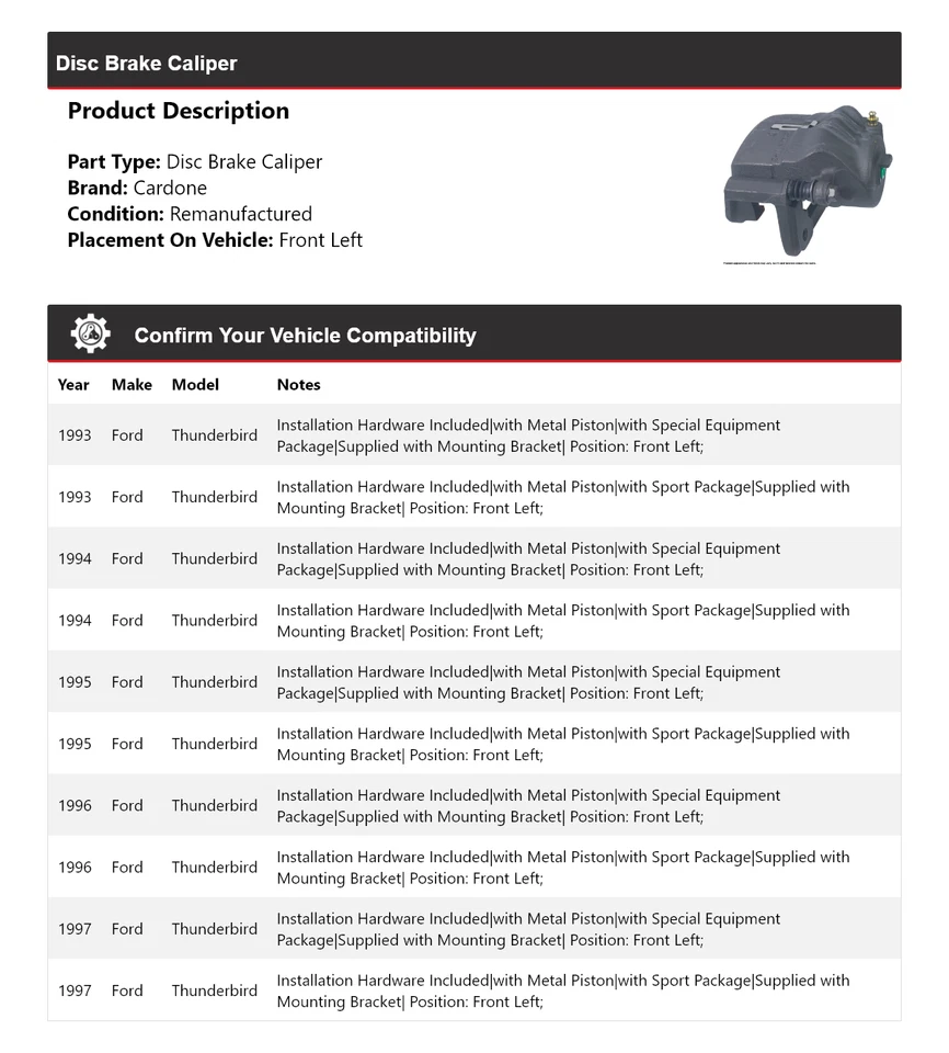 Pinza de freno de disco delantera izquierda cardone 1994 1995 para Ford Thunderbird 1993-1997 Foto 2 de 4