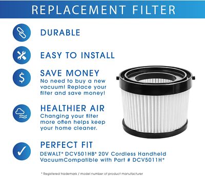 4pcs HEPA Filter Replacement for DEWALT DCV501HB 20V Cordless Handheld Vacuum Parts with Black Gasket, Washable and Reusable, Compared to Part DCV5011H