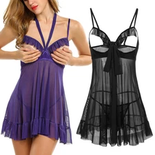 Women's Sheer Mesh Babydoll Lingerie Lace Trim Negligee Sexy Boudoir Sleepwear