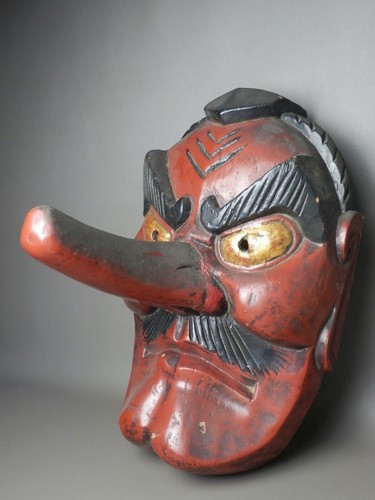 JAPANESE C1909 MEIJI H45.5cm 17.9" TENGU LACQUERED CARVED WOOD LONG NOSED GOBLIN