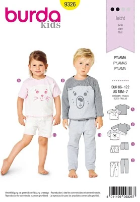 Burda Kinder 9326 Unisex Pyjama & Shorts Nähmuster Größen 18m -7 Fähigkeit: Easy - Bild 1 von 4