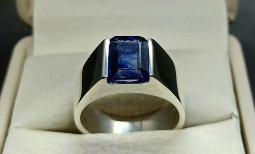 Emerald Cut 4 Carat Natural Blue Sapphire Sterling Silver 926 Handmade Mens Ring - Picture 3 of 12