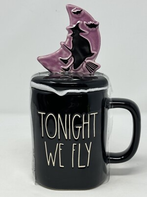 New RAE DUNN Halloween ''Tonight We Fly'' Black Mug W/ Purple Moon Witch Topper