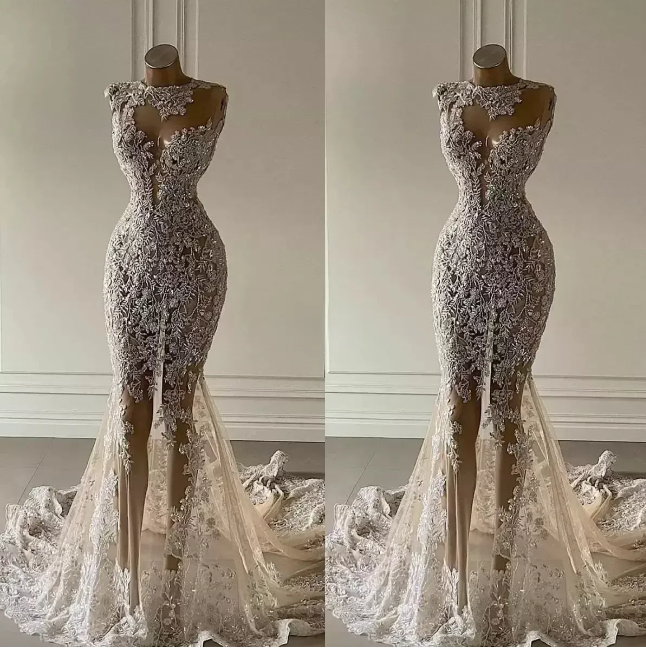 Crystal Mermaid Dresses See Through Lace Appliqued Bridal Gowns Luxurious Sequin