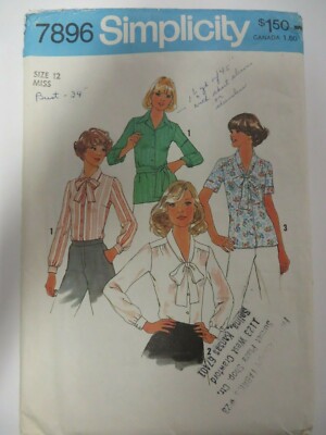 Vtg 70's Simplicity 7896 FRONT-BUTTON SELF-TIE COLLAR SHIRT Sewing