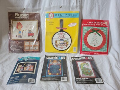 6 Vtg NOS Cross Stitch Needlework Kits Smile Dinosaur Skillet Cats Angel Tree