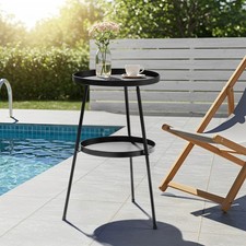 Portable Patio Small Side Table Metal Round 2 Tiers End Table Black In/Outdoor